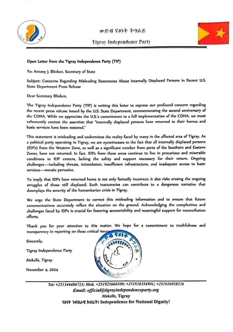 Tigray political parties have called for the US State Department to correct its statement regarding the return of displaced persons to their homes.