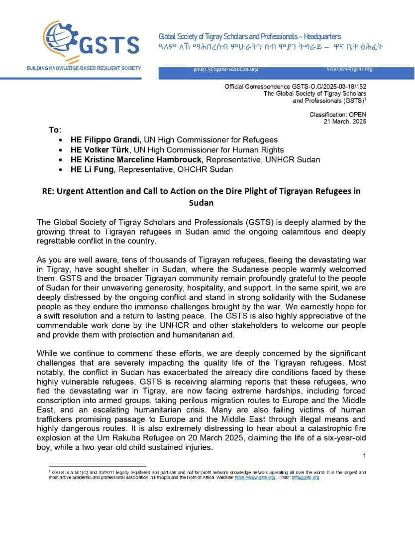 GSTS has issued an open letter urging UN organizations to exert necessary pressure on all parties to ensure the safe return of Tigrayan refugees in Sudan.