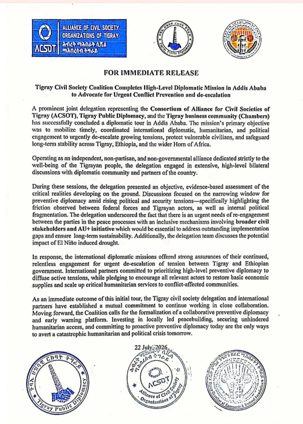 Tigray Civil Society Delegation Completes Diplomatic Mission in Addis Ababa